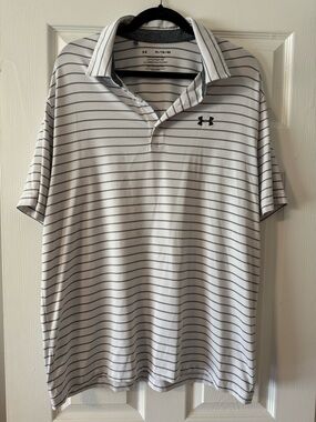 Under Armour White Polo with Thin Gray Stripes